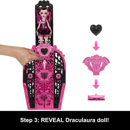 Monster High Skulltimate Secrets Juego de muñecas y accesorios, Monster Mysteries Draculaura con tocador y más de 19 sorpresas, incluida ropa de muñeca, HXH84