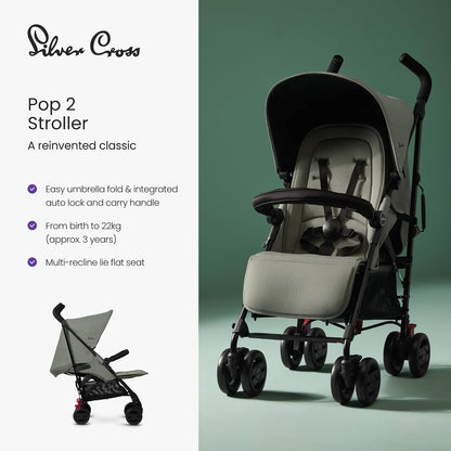 Silver Cross - Carrinho Pop 2 e Capa para Pernas - Carrinho de Viagem Dobrável - Assento Ajustável/Reclinável (Posição Deitada) - De Recém-nascido a 4 Anos - Cor Sage (Verde-sálvia)