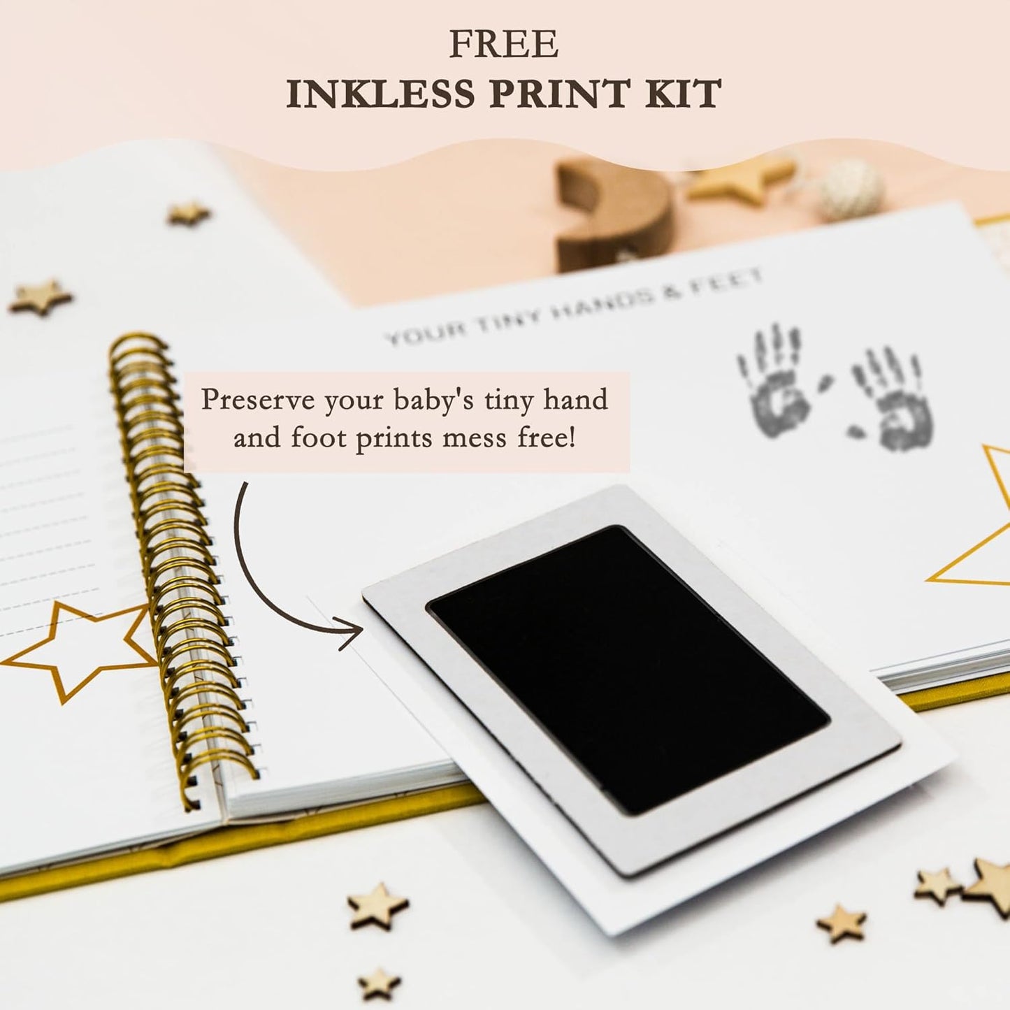 Livro de memórias LOVE ON para bebês com kit de mãos e pés sem tinta grátis - Diário dos primeiros 5 anos para bebês com capa elegante de linho e folha de ouro em relevo - Inclusivo para todos os tipos de família