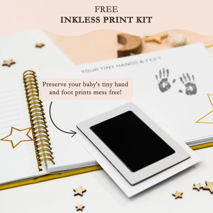 Livro de memórias LOVE ON para bebês com kit de mãos e pés sem tinta grátis - Diário dos primeiros 5 anos para bebês com capa elegante de linho e folha de ouro em relevo - Inclusivo para todos os tipos de família (estrelas)