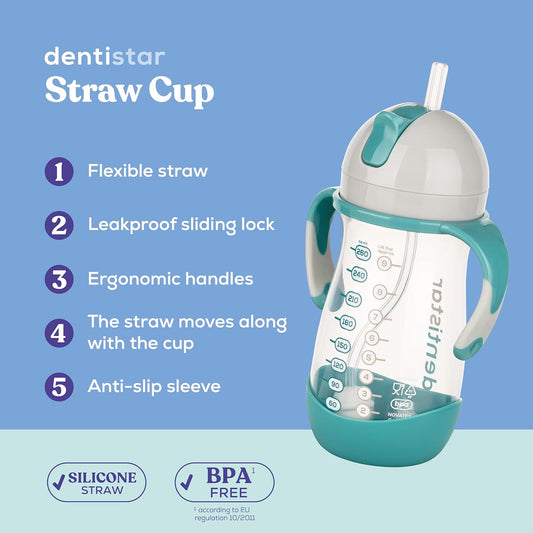 Dentistar Copo de palha 260 ml, copo reutilizável à prova de vazamentos com canudo para maiores de 6 meses, copo para bebê com canudo pesado e escova de limpeza, materiais sem BPA - hortelã