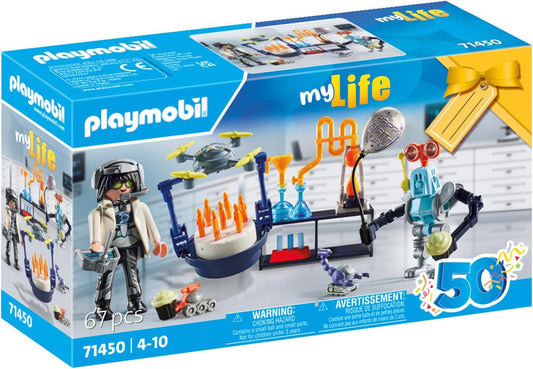 Playmobil 71450 Minha Vida: Pesquisadores com Robôs, festa com temática científica no laboratório, incluindo um drone de transporte e robôs, encenação divertida e imaginativa, conjuntos de jogos artísticos adequados para crianças a partir de 4 anos