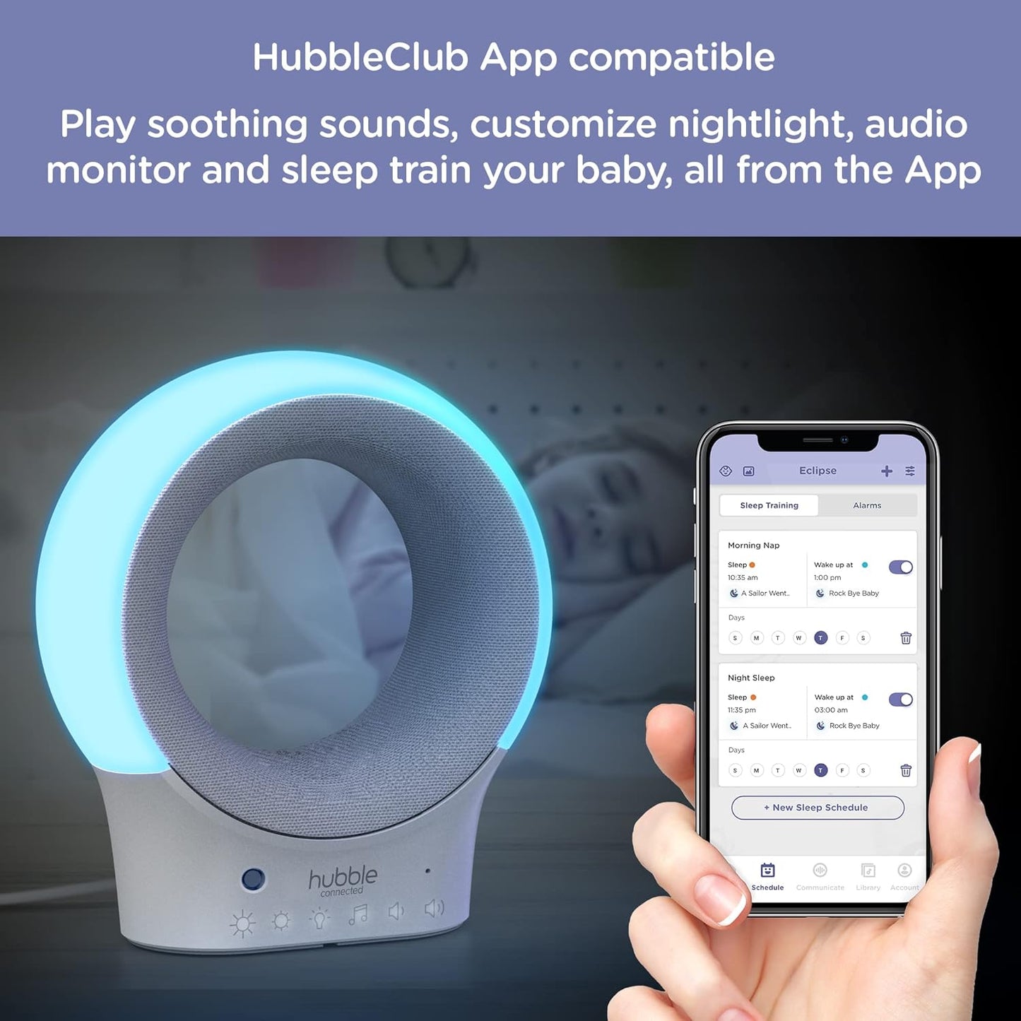 Hubble Monitor de áudio e chupeta Eclipse Smart Baby com luz noturna de 7 cores, alto-falante com música calmante e faixas de sono, sensor de temperatura ambiente, treinador de sono com conectividade Wi-Fi