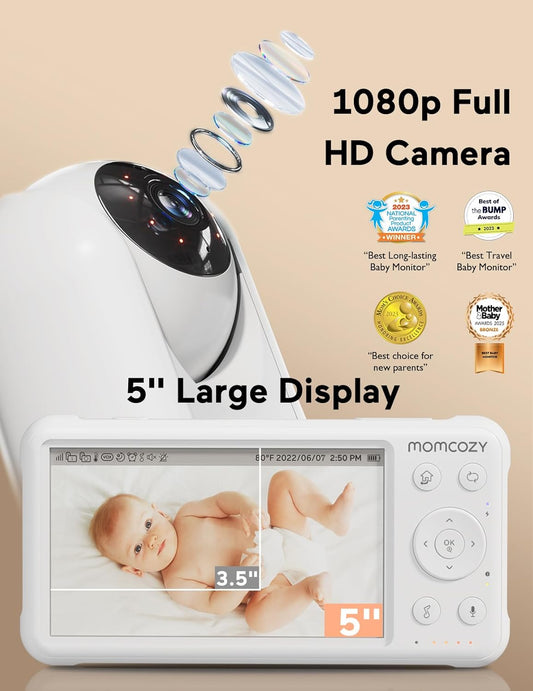 Momcozy Video Baby Monitor, 1080P 5" HD Baby Monitor com câmera e áudio, visão noturna infravermelha, bateria de 5000mAh, áudio bidirecional, sensor de temperatura de visão ampla, canções de ninar e alcance de 960 pés