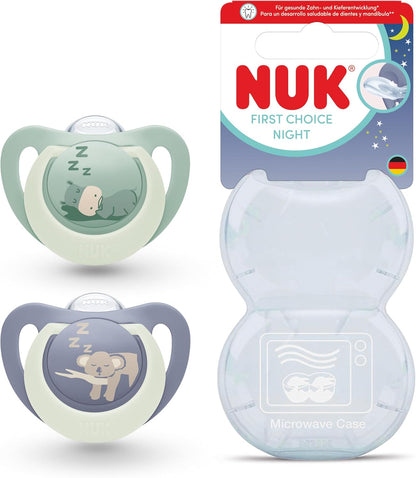 NUK Chupetas First Choice Night | 18-36 Meses | Chupetas Ortodônticas que Brilham no Escuro | Acalmam 99% dos Bebês** | Hipopótamo e Coala | 2 Unidades