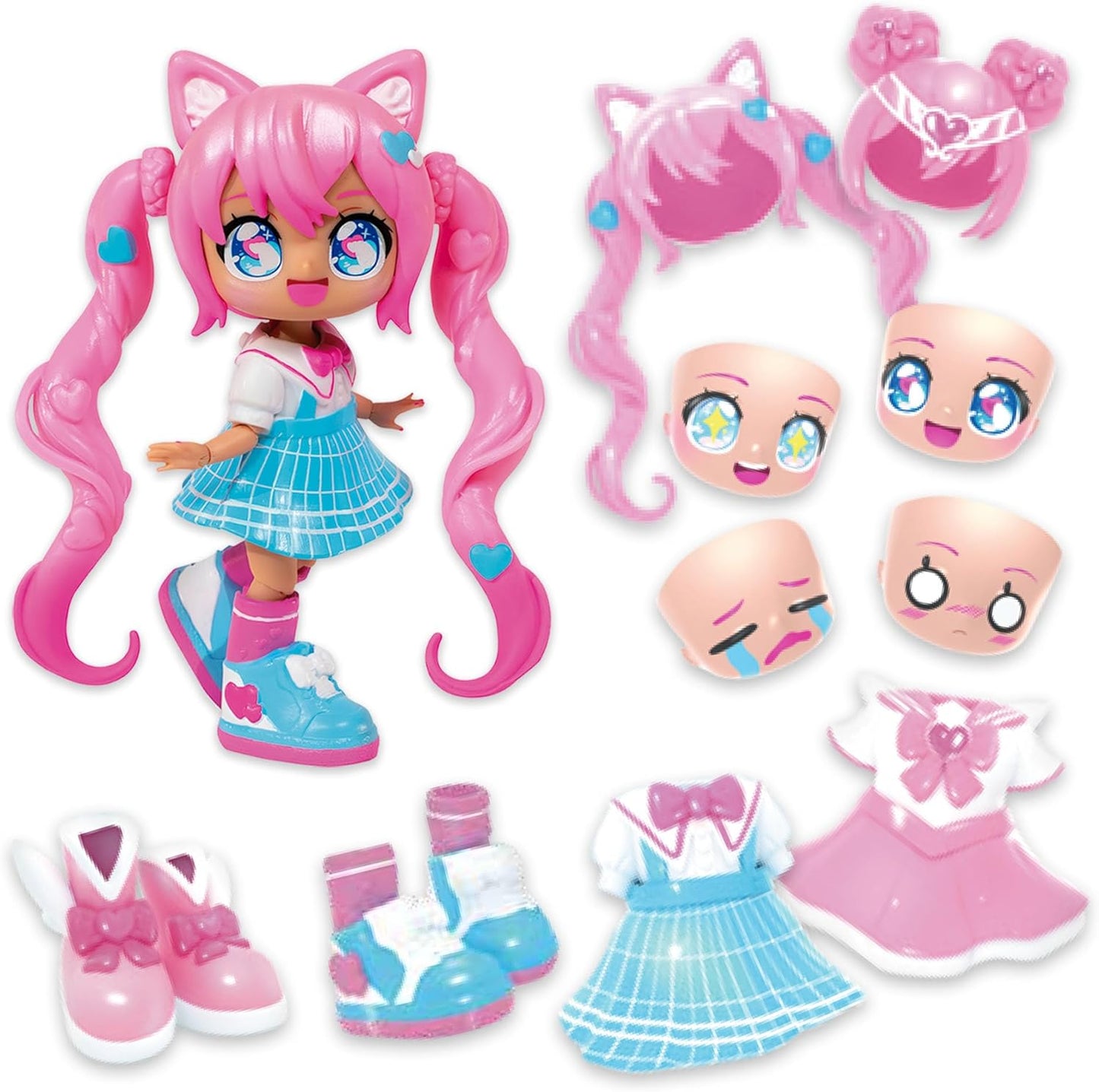 Animakii Boneca Fashion – Estilo Garota Mágica + Colegial Personalizável – Boneca Fashion de 12,7 cm com 32 Looks em Uma – Acessórios, Roupas, Sapatos e Placas Faciais (APENAS 1 BONECA INCLUÍDA)