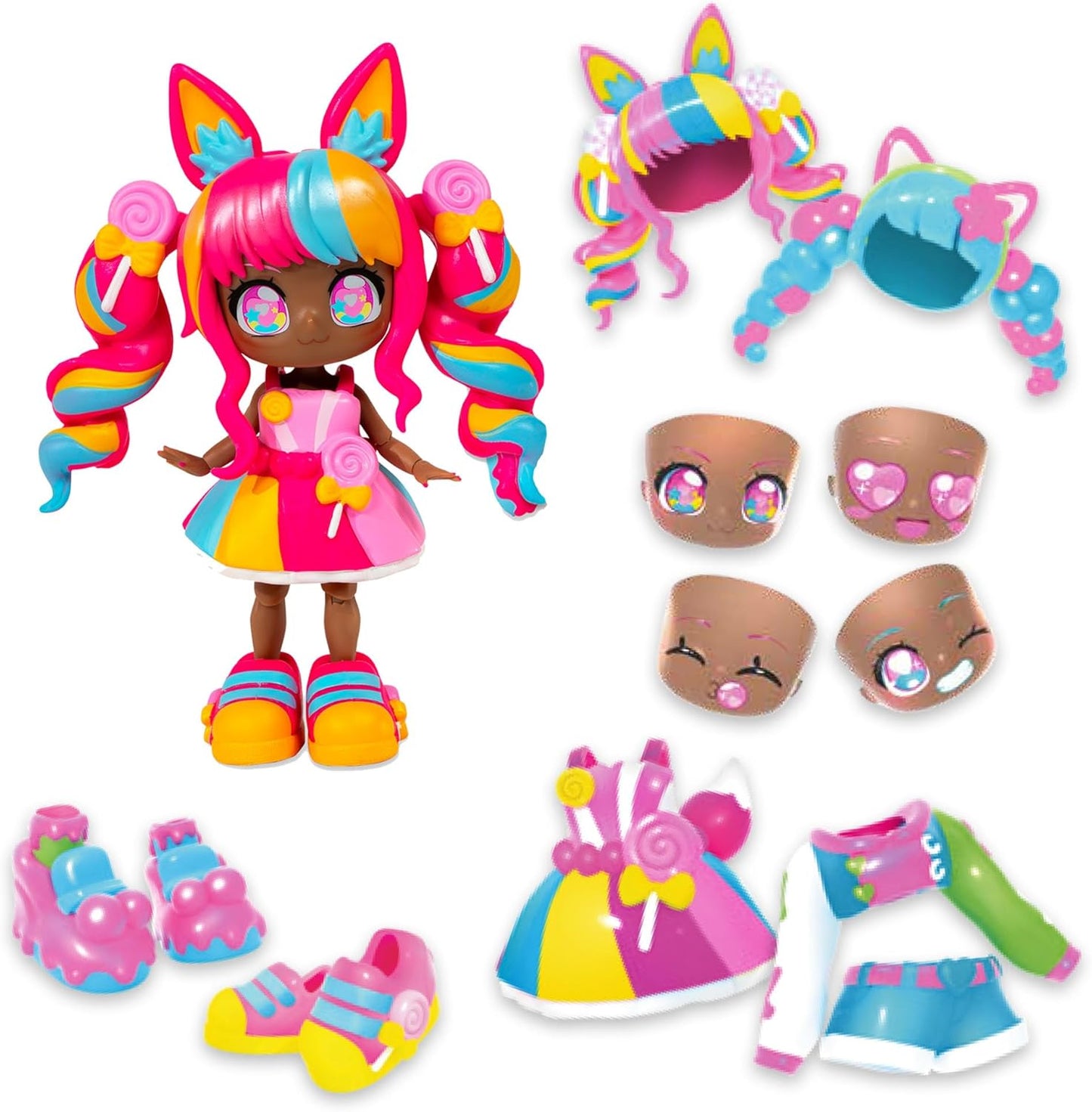 Bonecas Fashion Animakii – Estilo Doce + Chiclete Personalizáveis – Boneca Fashion de 12,7 cm com 32 Looks em Uma – Acessórios, Roupas, Sapatos e Placas Faciais – Brinquedos da Moda para Meninas (APENAS 1 BONECA INCLUÍDA)