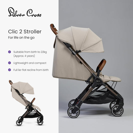 Silver Cross Clic 2 Carrinho de bebê compacto  e bolsa de viagem - Carrinho de viagem para a vida em movimento - Latte **caixa aberta/ NOVO**
