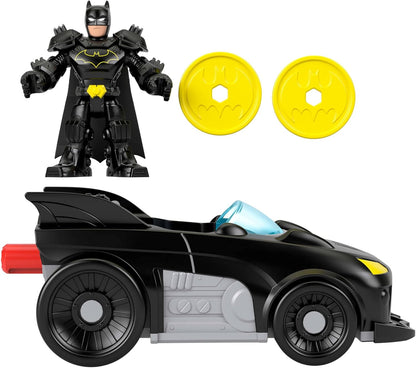 Fisher-Price Imaginext DC Super Friends Metal Force Batmóvel, Figura de Ação do Batman de 7,6 cm e Conjunto de Acessórios, Inclui Lançador e 2 Discos, JFJ68