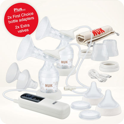 NUK Bomba tira leite elétrica dupla macia e fácil | Copos macios 100 por cento de silicone | Pequeno, leve, silencioso | Bateria recarregável para viagens | Copos de 24 mm e 27 mm | 2 x mamadeiras de combinação ideal