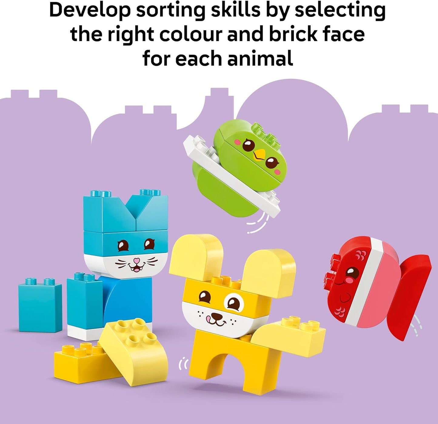 LEGO DUPLO 3 em 1 Bichinhos Criativos e Fofos - Brinquedo Educativo para Desenvolvimento da Coordenação Motora Fina em Crianças - Figuras de Animais, incluindo Cachorro, Gato, Pássaro e Peixe - Presente de Aniversário para Bebês,