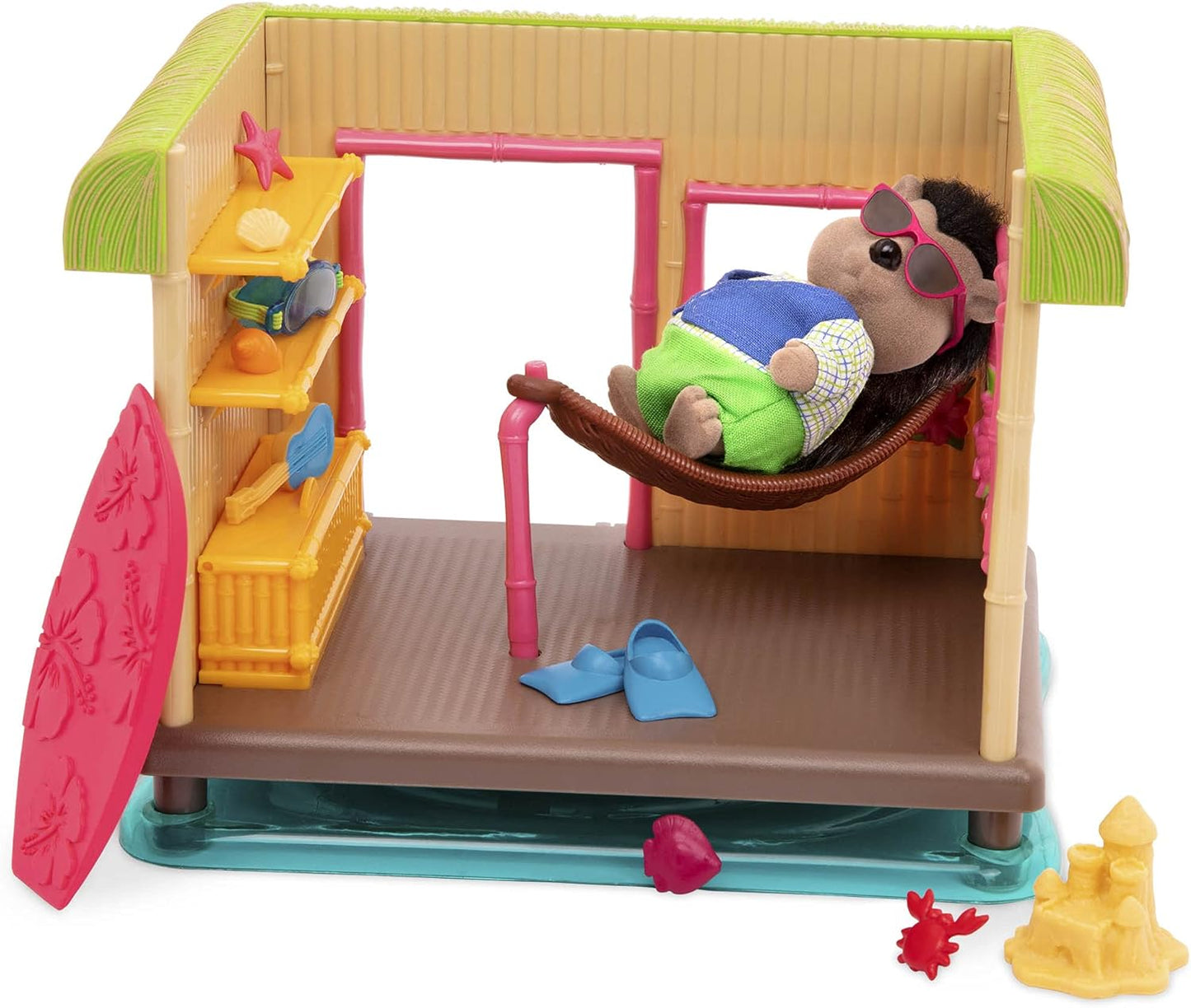 Li'l Woodzeez Conjunto de jogos de praia - Sunshine Tiki Hut - Conjunto de brinquedos de 15 peças - Brinquedos de família para crianças a partir de 3 anos