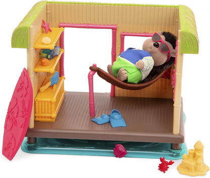 Li'l Woodzeez Conjunto de jogos de praia - Sunshine Tiki Hut - Conjunto de brinquedos de 15 peças - Brinquedos de família para crianças a partir de 3 anos