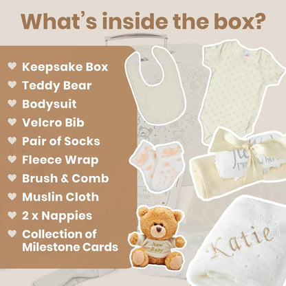 Presentes personalizados para bebês - Caixa de lembranças unissex inclui itens essenciais para bebês recém-nascidos, ursinho de pelúcia, itens essenciais para recém-nascidos e presentes para bebês