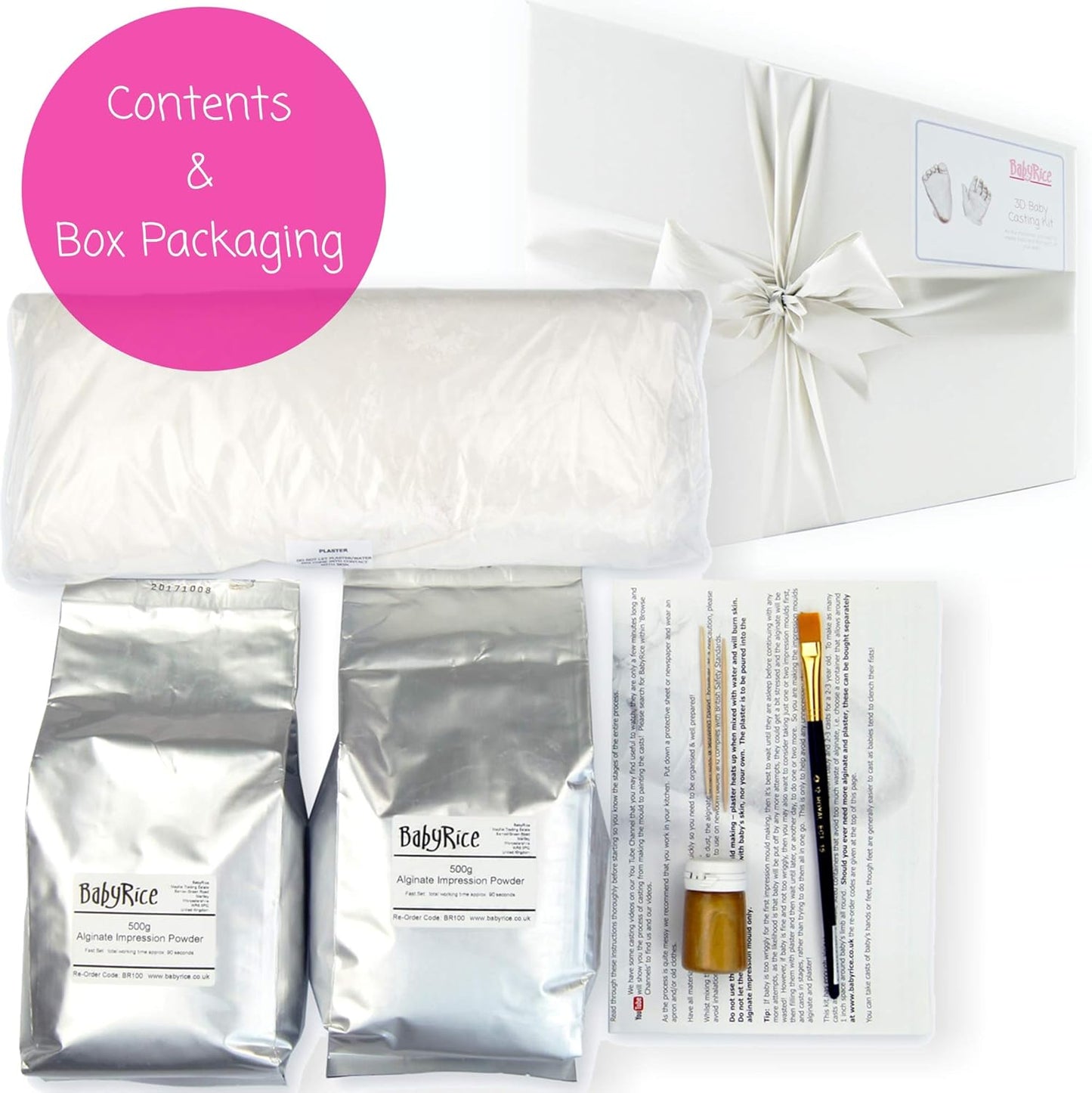 BabyRice Kit de yeso grande para manos y pies de bebé, en caja, incluye pintura metálica (plateado)