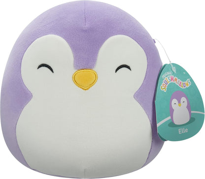 Squishmallows Original 7,5 polegadas - Elle, a pinguim roxa com olhos fechados e barriga branca