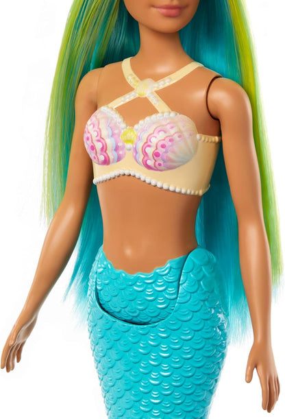 Barbie Bonecas de sereia com cabelo de fantasia e acessórios de faixa de cabeça, brinquedos de sereia com corpete inspirado em conchas e caudas coloridas, HR03