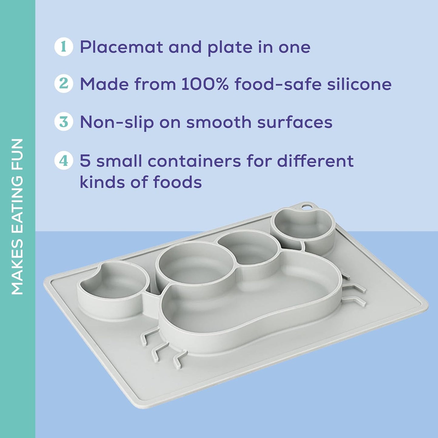 Dentistar Jogo americano de silicone - Prato para bebê 100% silicone de qualidade alimentar - Tapete para bebê de silicone antiderrapante - Seguro para micro-ondas, geladeira e forno - Sem BPA - Cinza