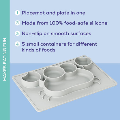 Dentistar Jogo americano de silicone - Prato para bebê 100% silicone de qualidade alimentar - Tapete para bebê de silicone antiderrapante - Seguro para micro-ondas, geladeira e forno - Sem BPA - Cinza