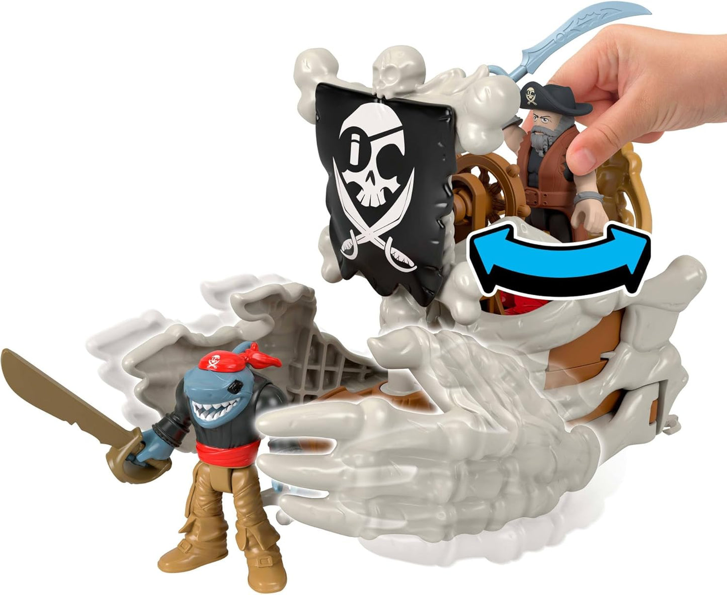 Fisher-Price Conjunto de brinquedo Imaginext Billy Bones Pirata com 3 figuras de ação, barco de brinquedo com mãos de esqueleto e lançador, 7 acessórios, JLC51