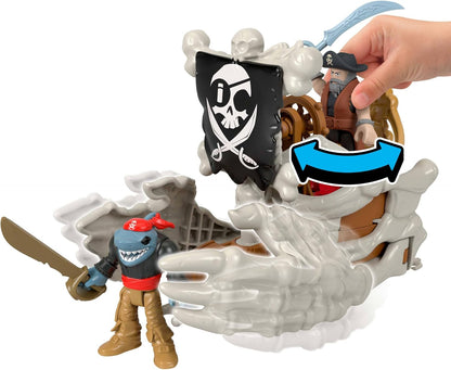 Fisher-Price Conjunto de brinquedo Imaginext Billy Bones Pirata com 3 figuras de ação, barco de brinquedo com mãos de esqueleto e lançador, 7 acessórios, JLC51