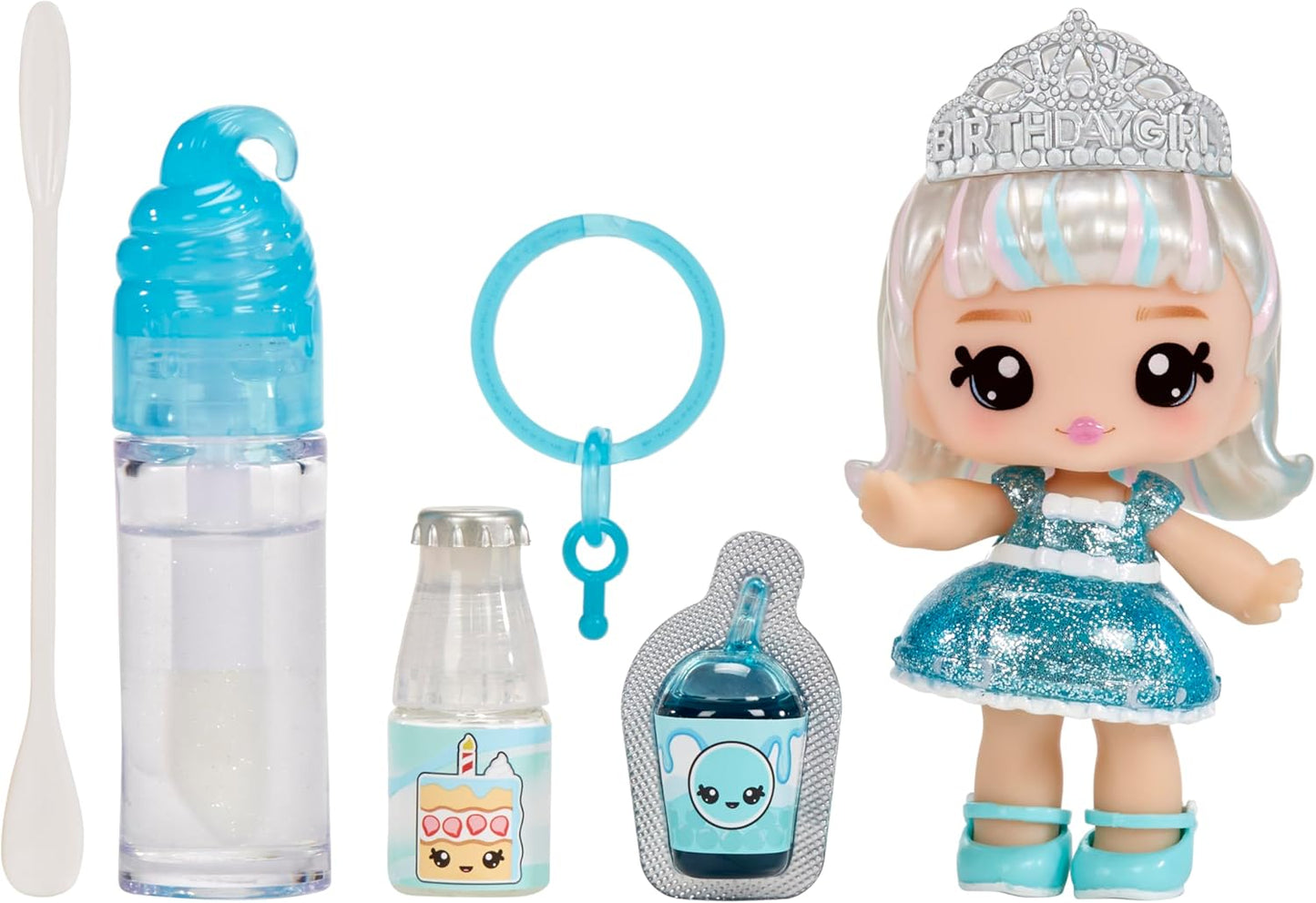 Yummiland Boneca Lipgloss - Bolo de aniversário Callie - Boneca de personagem perfumada com kit DIY Lipgloss - Adequado para crianças de 4 anos ou mais