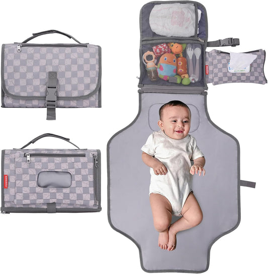 Bebamour Tapetes para troca de fraldas portáteis com lenços umedecidos para viagem Almofadas para troca de bebês com almofada de cabeça para bebês Almofadas para troca de fraldas à prova d'água