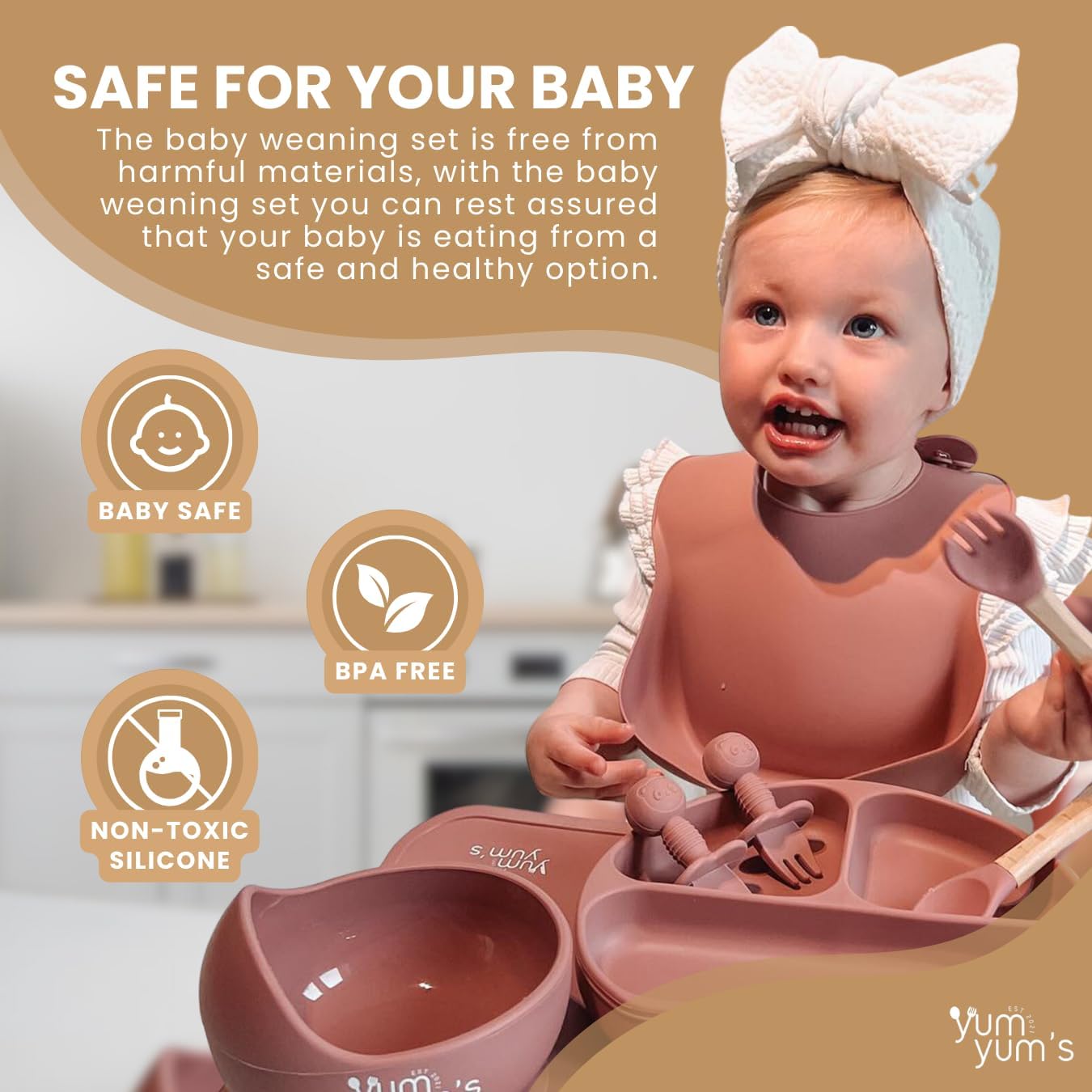 Yum Yum's Conjunto de Introdução Alimentar Baby Rosa com 10 Peças - Kit Completo para Alimentação Infantil com Prato Dividido, Tigelas com Ventosas, Talheres com Protetor Bucal, Copo com Canudo,