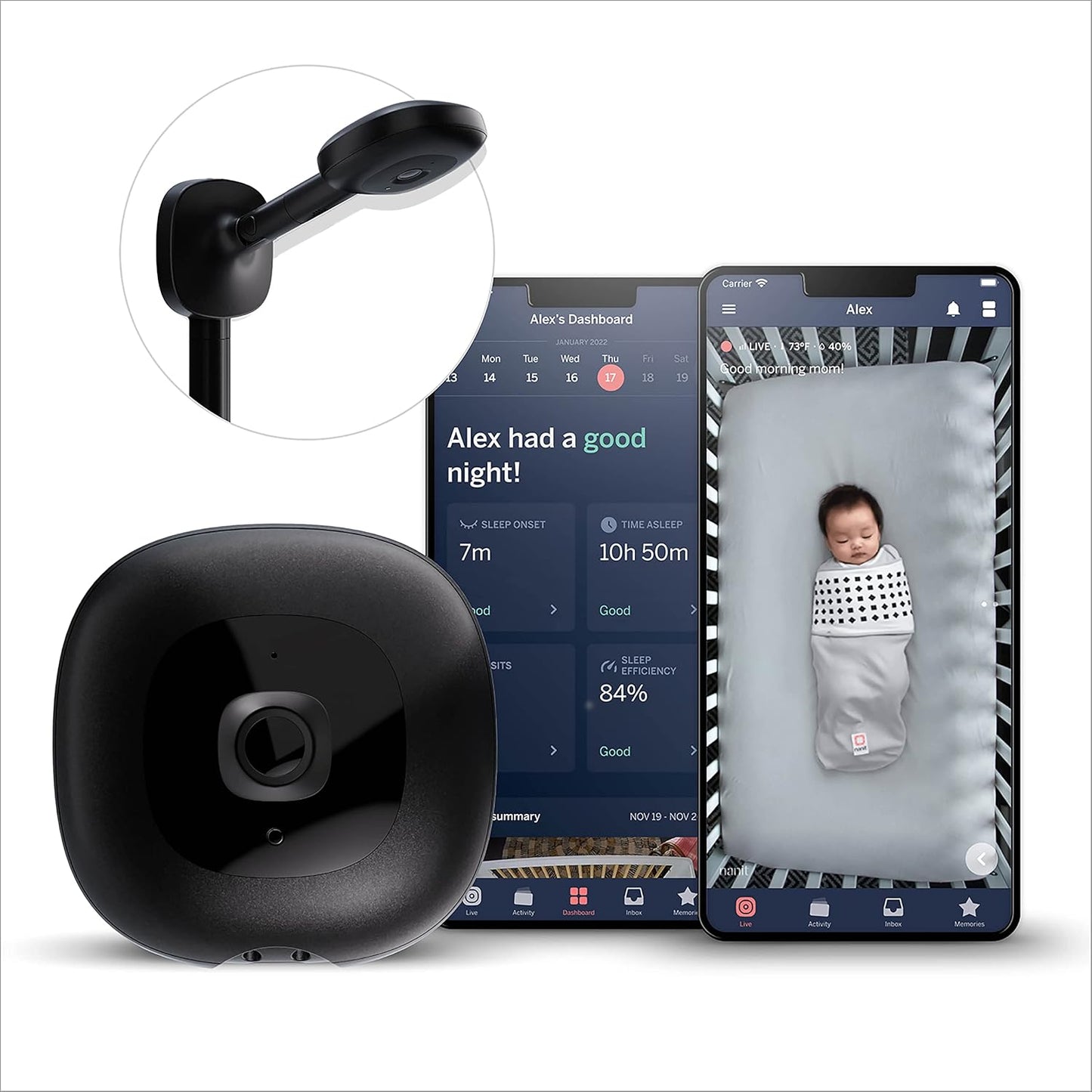 Nanit Pro Smart Baby Monitor & Wall Mount Galaxy Black – Câmera de vídeo Wi-Fi segura 1080p, rastreador de movimento e sono sem sensores, áudio bidirecional, alertas de som e movimento, visão noturna.