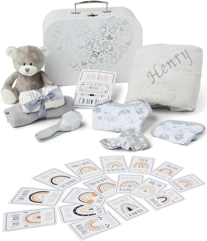 Presentes personalizados para bebês - Caixa de lembranças unissex inclui itens essenciais para bebês recém-nascidos, ursinho de pelúcia, itens essenciais para recém-nascidos e presentes para bebês