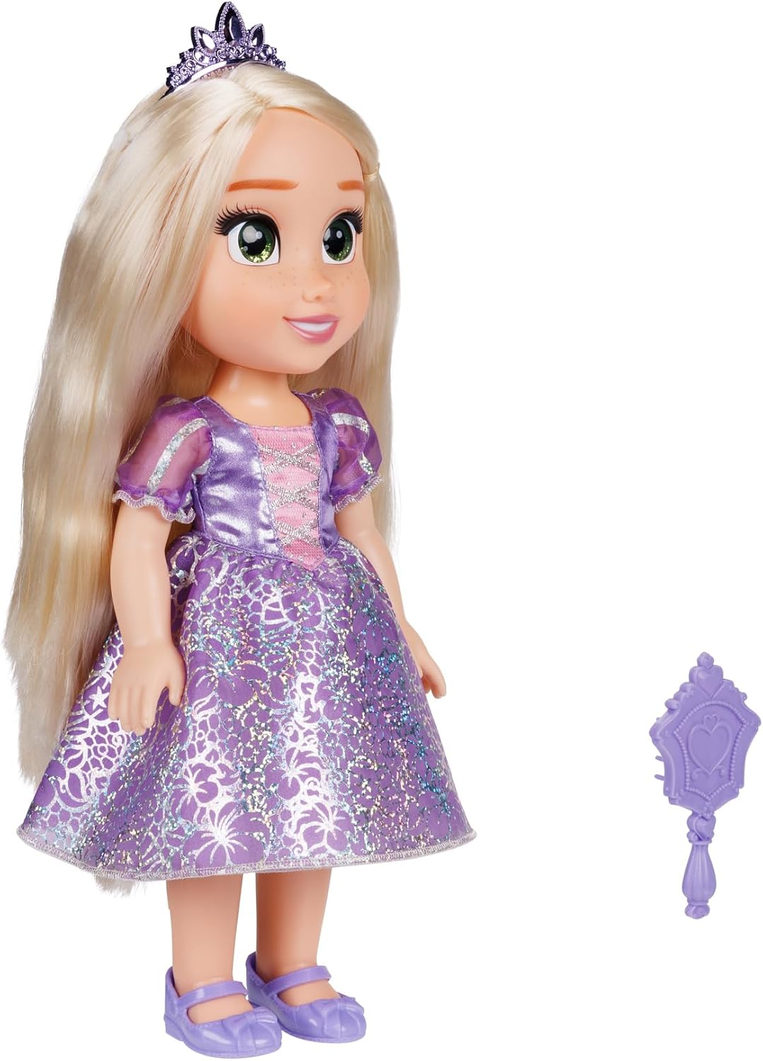 Disney Boneca Princess My Friend Rapunzel 35 cm O novo e lindo traje inclui uma saia com estampa holográfica em tom de platina