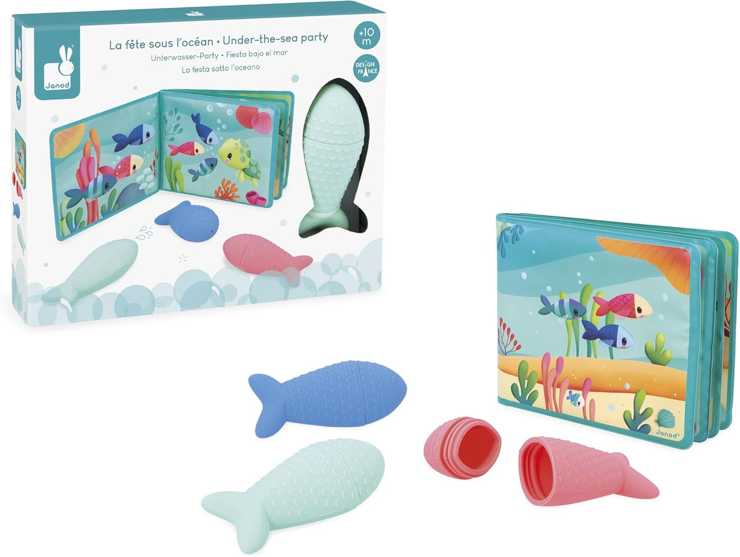 Janod - Livro de banho interativo com 3 brinquedos de aspersão incluídos - 1 livro + 3 aspersores - Desenvolve habilidades motoras finas - Fácil de limpar - A partir de 10 meses - J04733