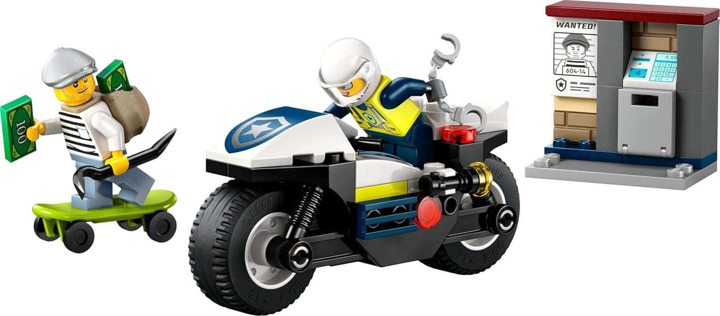 LEGO Conjunto de perseguição de motocicleta da polícia City com uma motocicleta de brinquedo, 2 minifiguras, minicaixa eletrônico e um skate - Presente de aniversário para meninos e meninas a partir de 4 anos - 60455