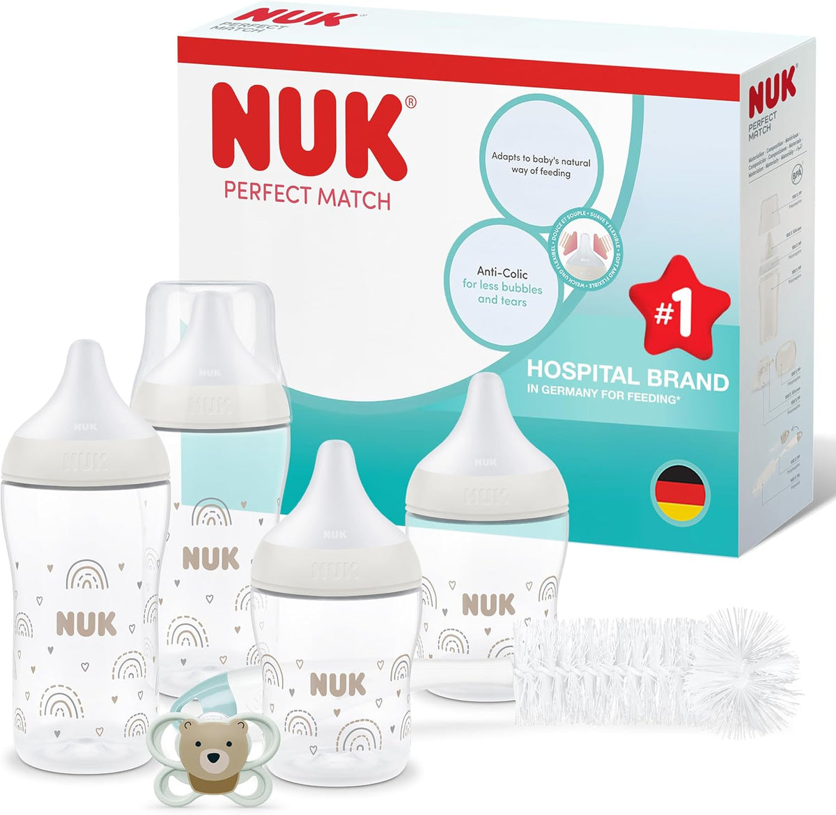 NUK Kit de Mamadeiras e Acessórios Perfect Match Perfect Start para Recém-Nascidos | 0-6 Meses | 4 Mamadeiras Anticólicas (150 ml, 260 ml), 1 Chupeta Perfect Match Air, 1 Escova de Limpeza | Rainbow | Kit com 6 Itens