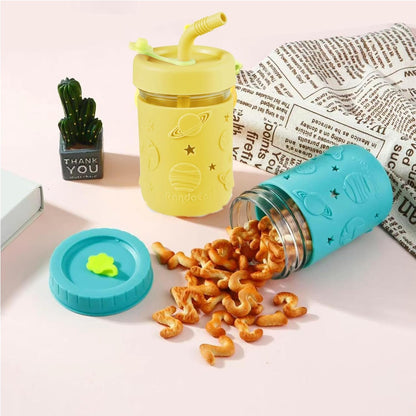 PandaEar Conjunto de 4 Copos de Vidro para Crianças e Bebês, Estilo Mason Jar, 250ml, com Capas de Silicone e Canudos, Copos Antivazamento para Smoothies e Lanches.