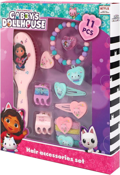 Conjunto de acessórios de cabelo infantil Gabby's Dollhouse com 11 peças, incluindo presilhas, pentes, elásticos e itens de beleza.