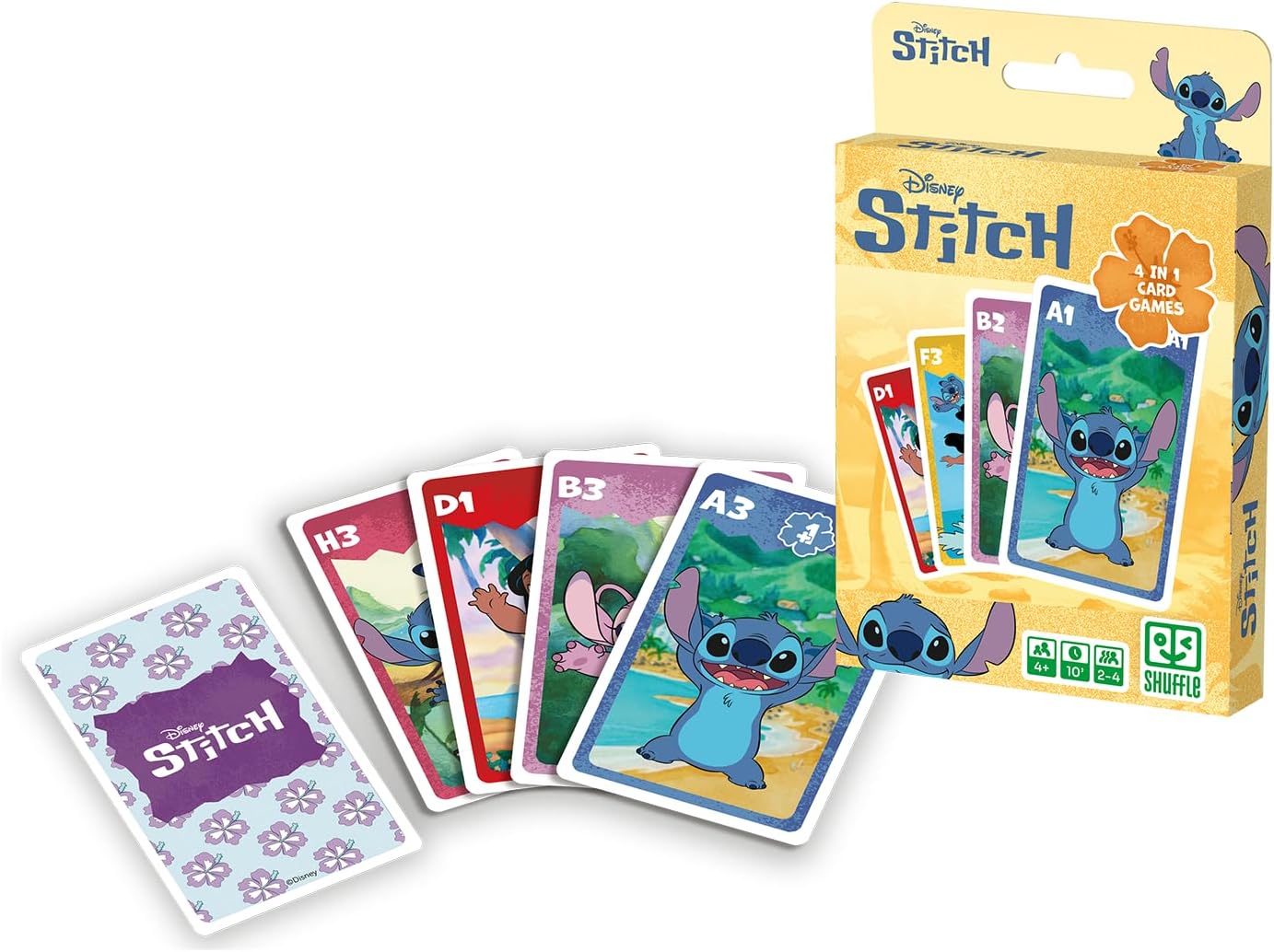 Shuffle Jogo de Cartas 4 em 1 do Stitch - 7 Famílias, Batalha, Memorando e Ação - Jogo de Cartas Disney Lilo & Stitch para Crianças, Família e Amigos - A partir de 4 anos - 2 Jogadores - Azul