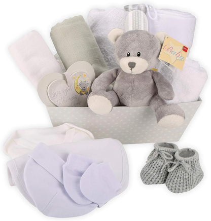 Cesta para Bebê Menino – Conjunto de 17 peças para recém-nascido com pelúcia | Ideal para chás de bebê, revelação de gênero e presente de batizado
