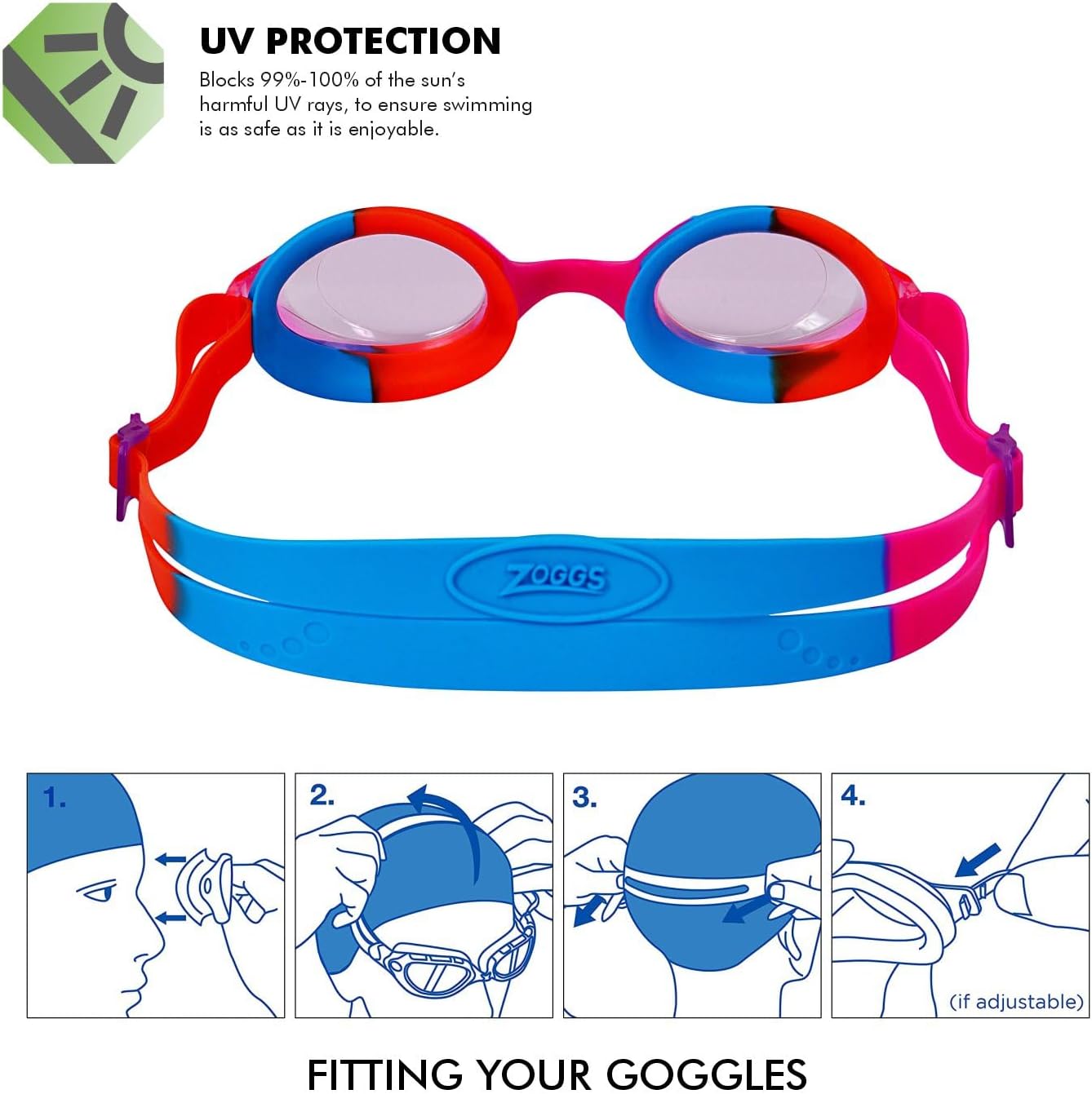 Zoggs Óculos de natação Bondi Kids, óculos de natação com proteção UV, alças de óculos infantis com ajuste de deslizamento dividido, lentes de óculos de natação transparentes sem neblina, óculos de natação para crianças de 6 a 14 anos