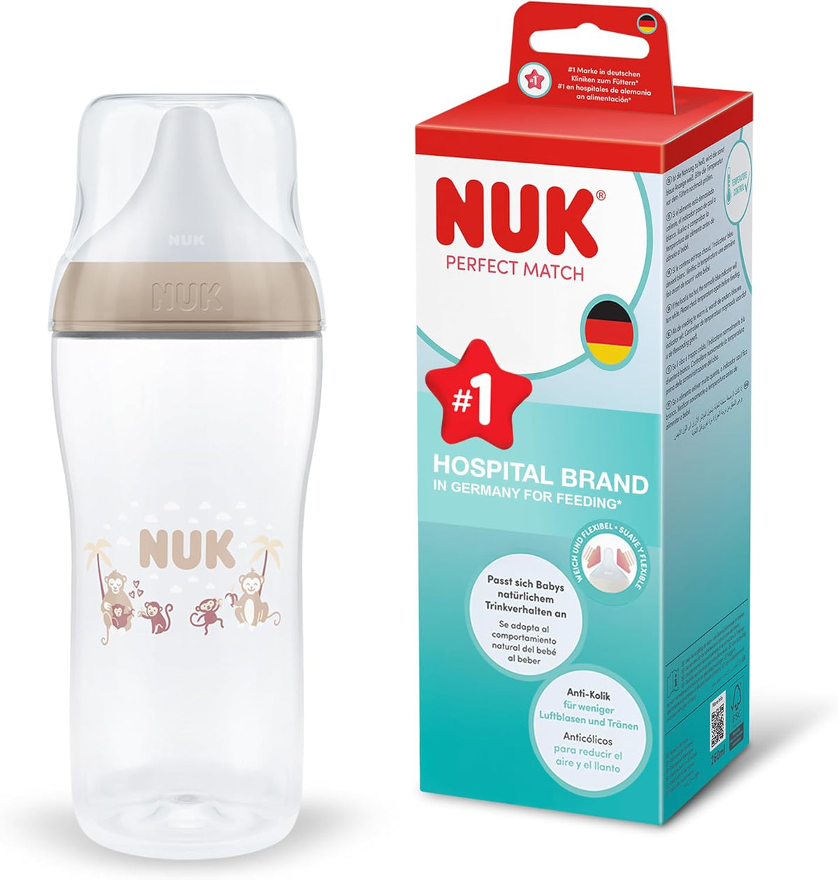 NUK Mamadeira Perfect Match | 0+ meses | 360 ml | Mamadeira anticólica | Polipropileno (PP) | Indicador de controle de temperatura | Macaco | 1 unidade