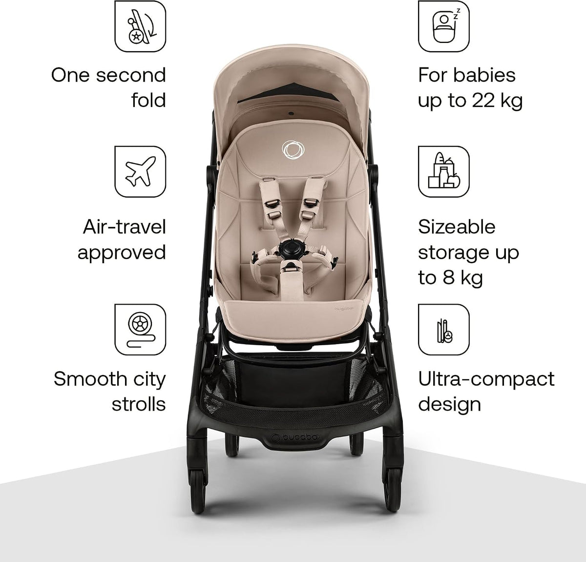 Bugaboo Carrinho de Bebê Butterfly 2 – Leve, Portátil e com Tamanho de Bagagem de Mão – Kit com Barra de Proteção – Dobragem com uma Mão, Assento Reclinável, Cesto de Armazenamento e Alça de Transporte – Desert Taupe