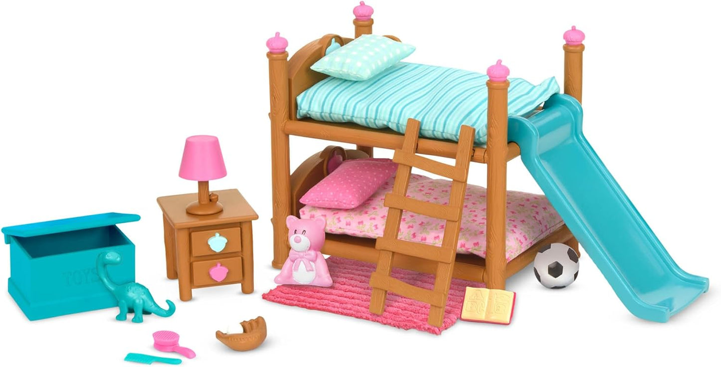 Li'l Woodzeez WZ6705Z Dinossauro, animais Li’l Woodzeez – Conjunto de beliche de 18 peças com móveis e acessórios de quarto – Brinquedos em miniatura e conjuntos de jogos para crianças a partir de 3 anos, Azul, Klein