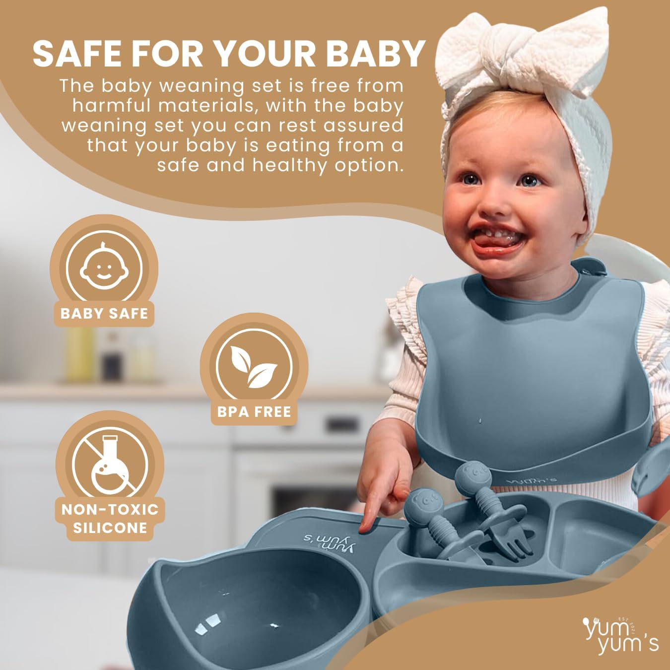 Yum Yum's Conjunto de Introdução Alimentar Baby Azul com 10 Peças - Kit Completo para Alimentação Infantil com Prato Dividido, Tigelas com Ventosa, Talheres com Protetor Bucal, Copo com Canudo,