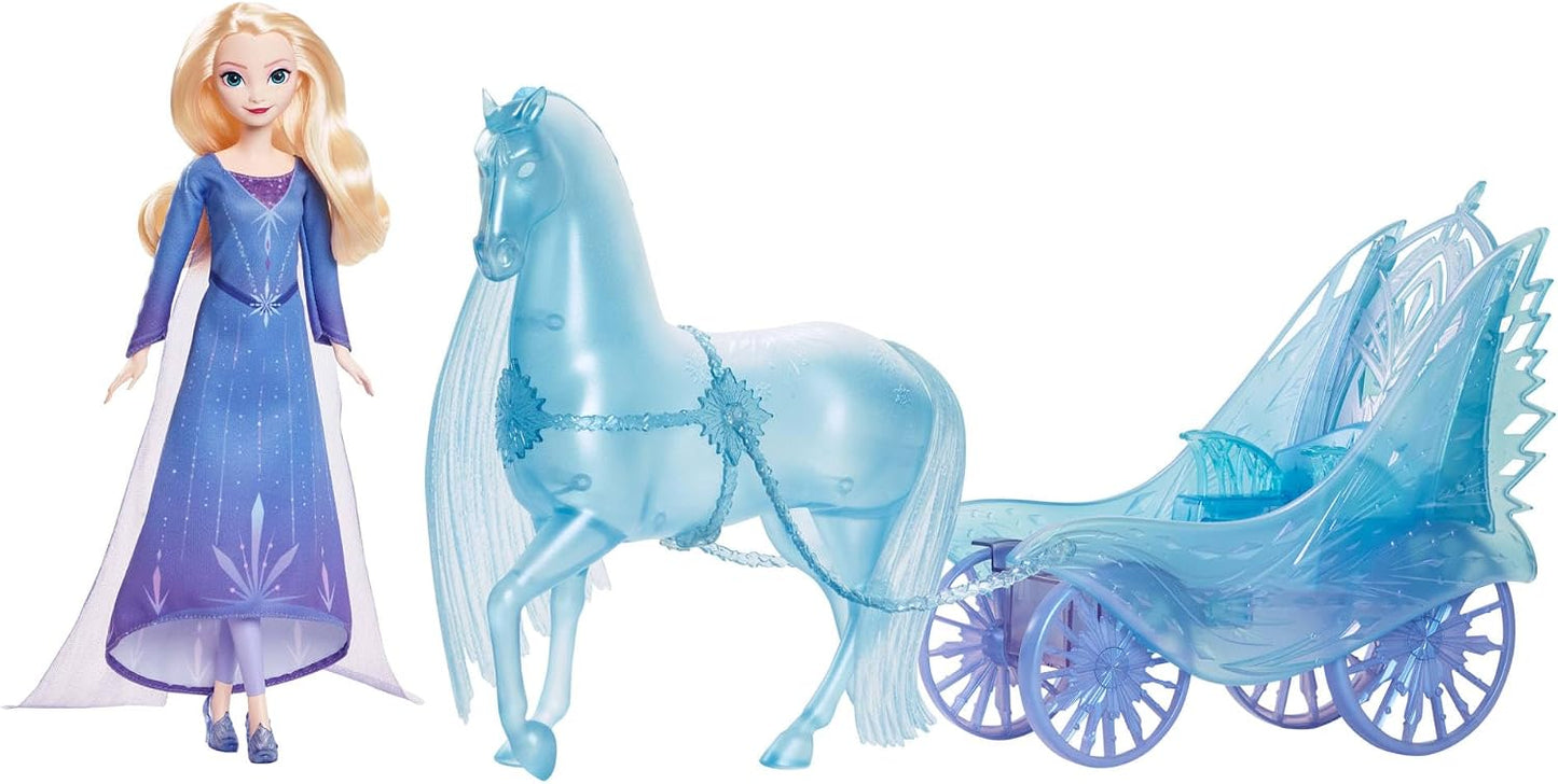 Mattel Boneca Disney Frozen Elsa com Vestido e Sapatos Removíveis, Cavalo Mítico Nokk e Carruagem de Aventura, Inspirada em Frozen: Winter Festival, JBG56