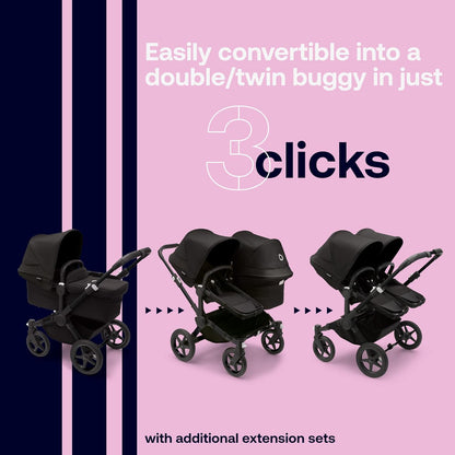 Bugaboo Donkey 5 Mono, conversível em carrinho duplo lado a lado, design aprimorado, assento reversível, direção com uma mão e cesta lateral, preto meia-noite