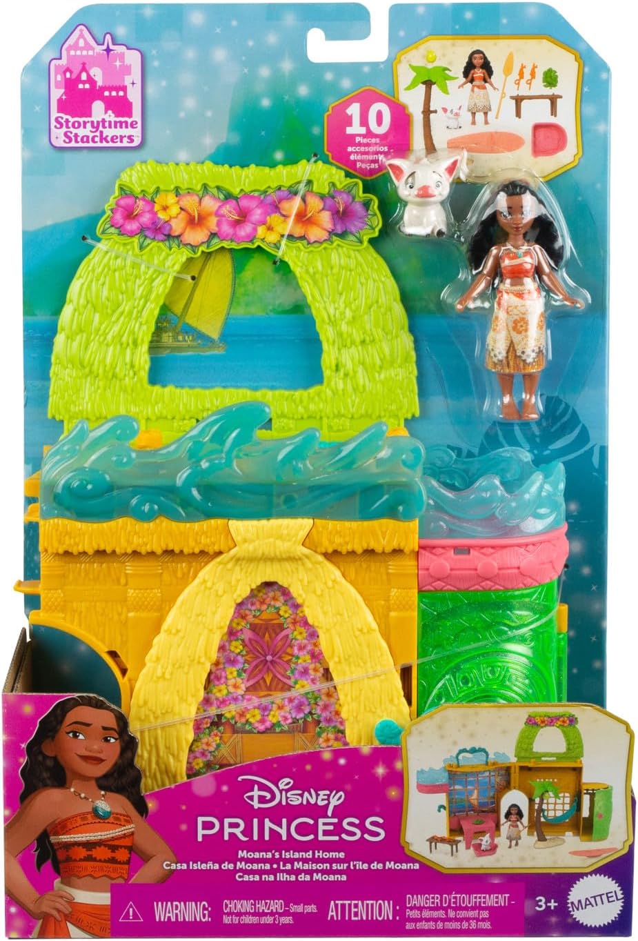Mattel Conjunto de Brinquedo Casa de Bonecas Disney Princess Moana Storytime Stackers da | Boneca pequena articulada da Moana com saia removível, 1 figura de animal e 9 acessórios, inspirado no filme da Disney, JDP58