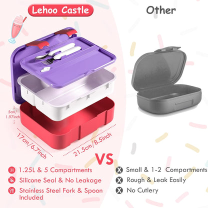 Lehoo Castle Lancheira infantil Bento, lancheira com 5 compartimentos, recipientes de almoço de 1,25L com pote de molho, colher e garfo para meninos e meninas, escola, à prova de vazamentos, sem BPA (dinossauro)