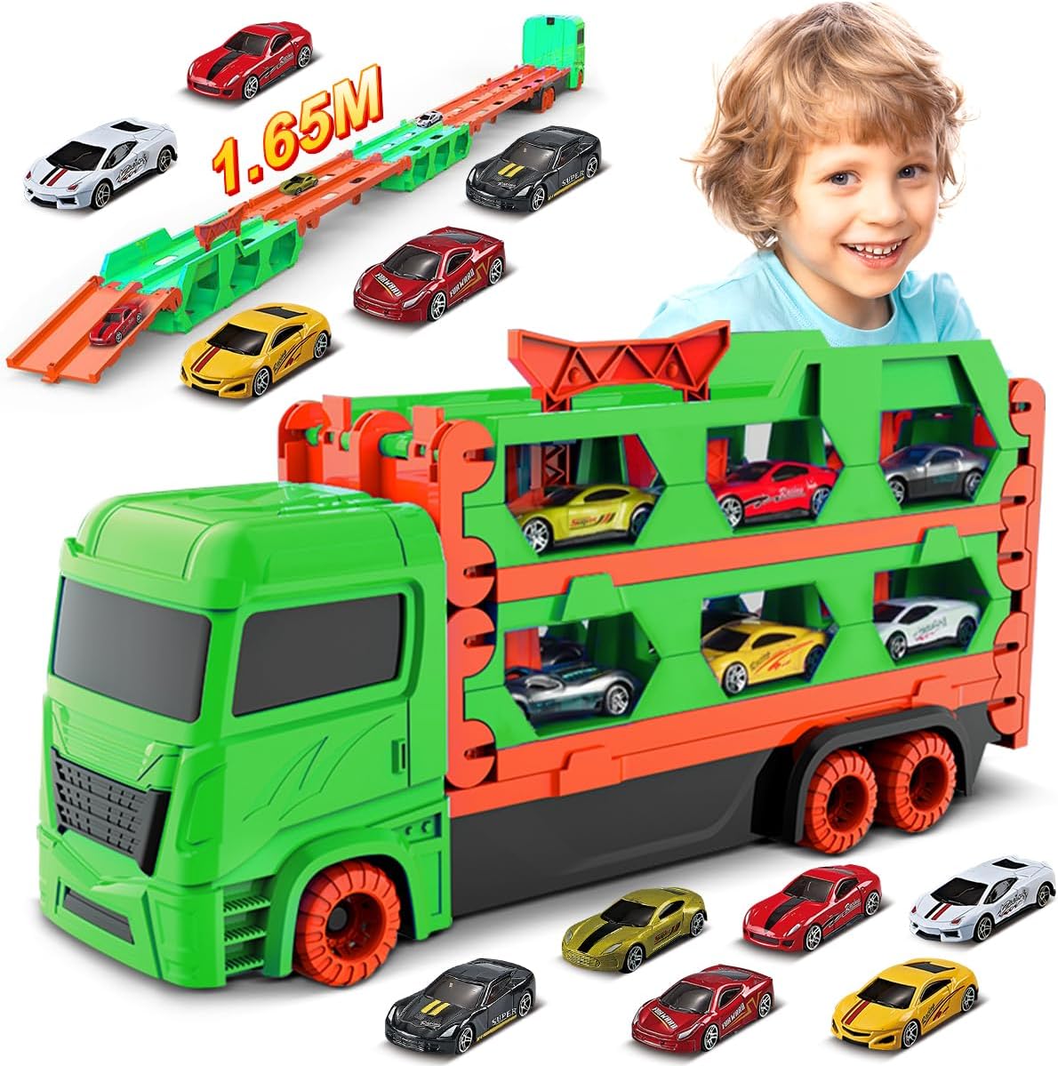 VATOS Transporte Caminhão Brinquedos Carros para Meninos Idades 3 4 5 6, Caminhão Portátil Brinquedo com 6 Carros de Corrida, Melhor Presente Veículos Transportadores Brinquedos Conjunto para Crianças