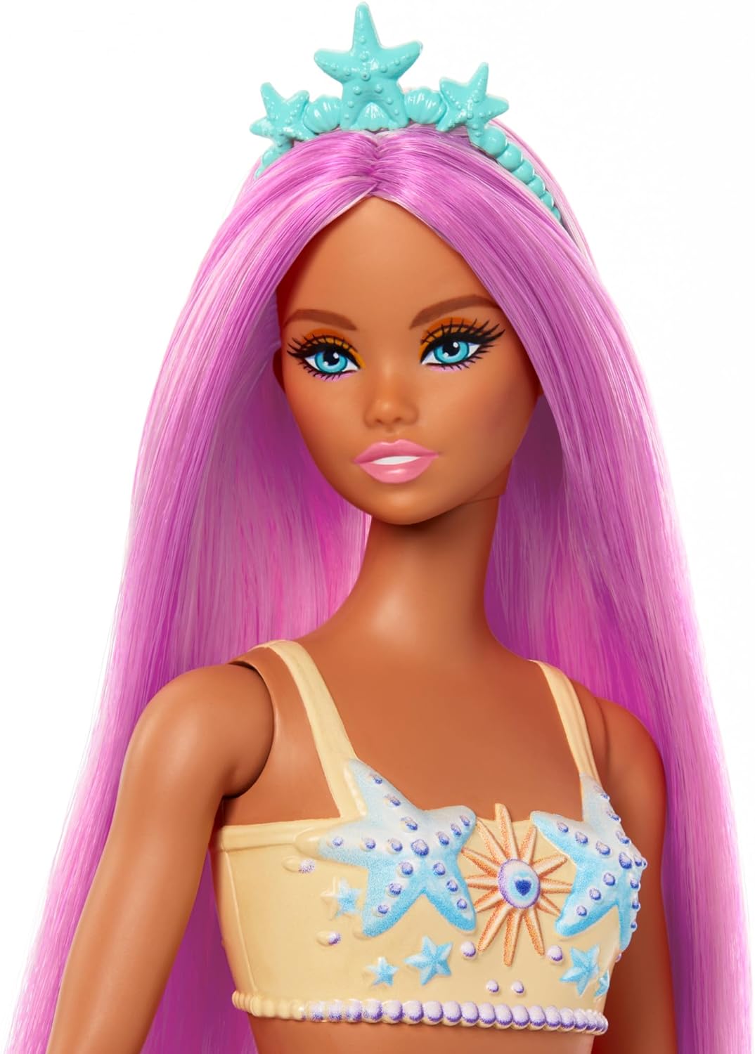 Barbie Bonecas de sereia com cabelo de fantasia e acessórios de faixa de cabeça, brinquedos de sereia com corpete inspirado em conchas e caudas coloridas, HR03