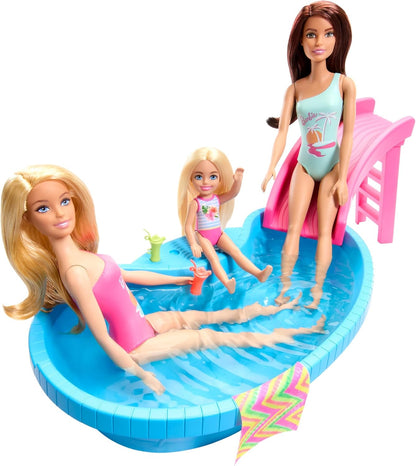 Barbie Boneca e conjunto de piscina, loira em maiô rosa tropical de uma peça com piscina, escorregador, toalha e acessórios para bebidas, HRJ74